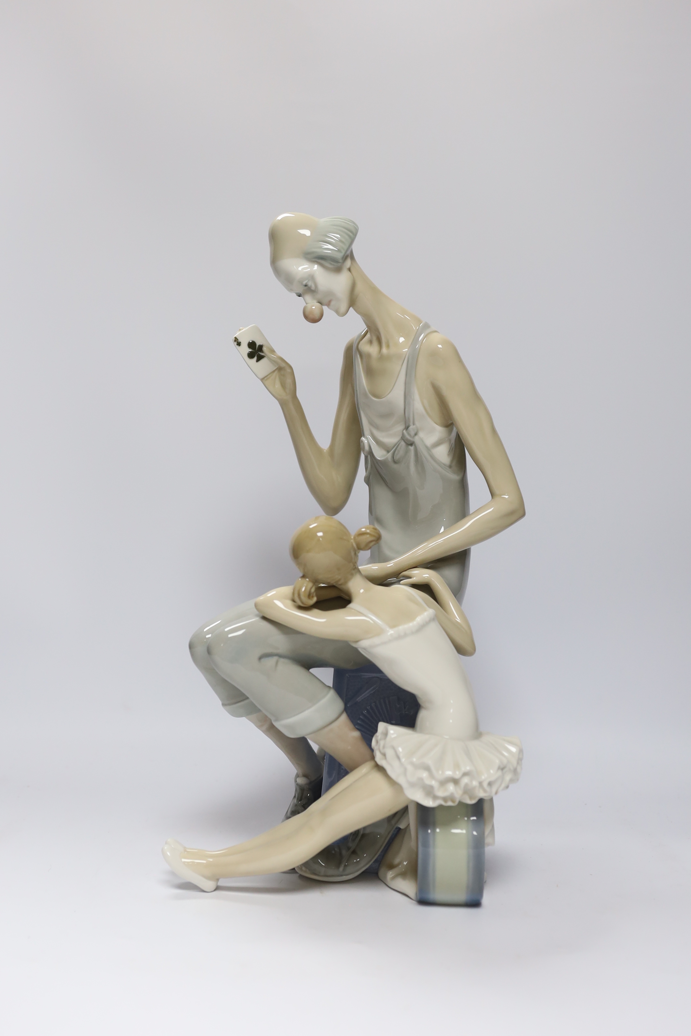 A Lladro figure group of a clown and ballerina, 42cm